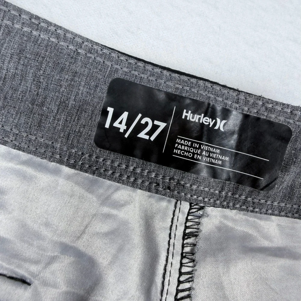 Hurley Boys Board Shorts Gray Black Striped Swim Trunks Size 14/27 Drawstring
